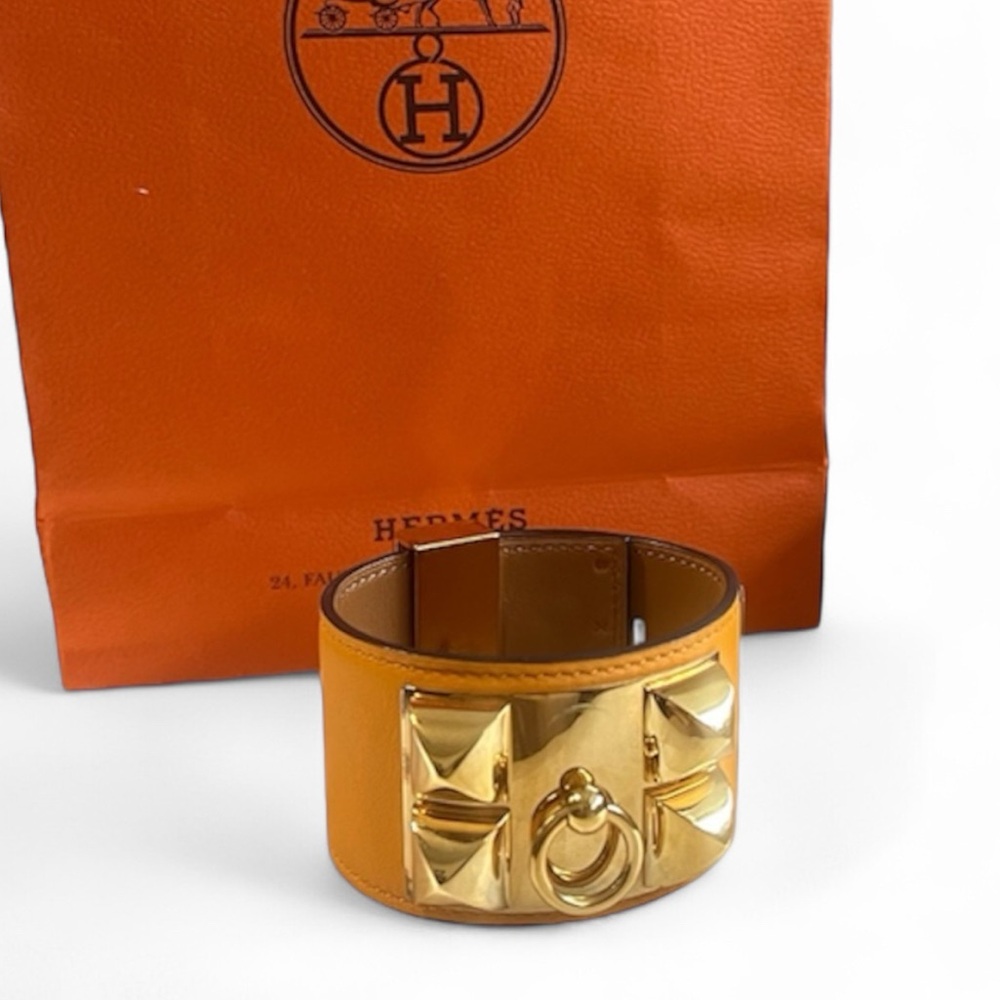 Hermes Collier de Chien Orange Leather Bracelet 14K Gold